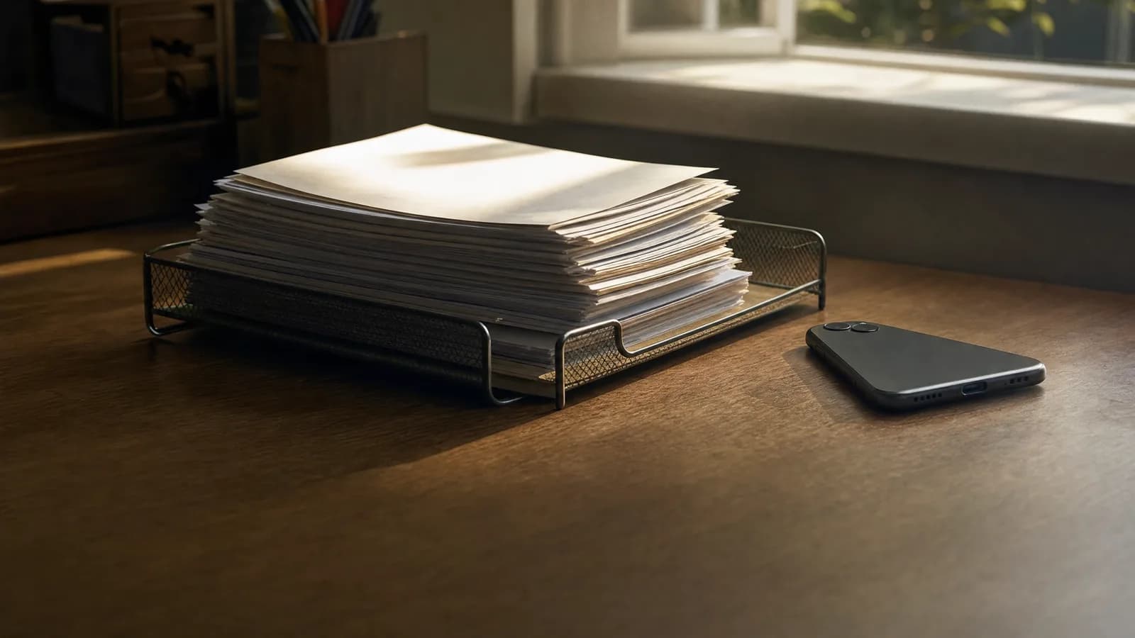 Bandeja de escritorio con una pila de notas de pedido acumuladas y un teléfono boca abajo al lado, sobre un escritorio de madera cruzado por una franja de luz de ventana