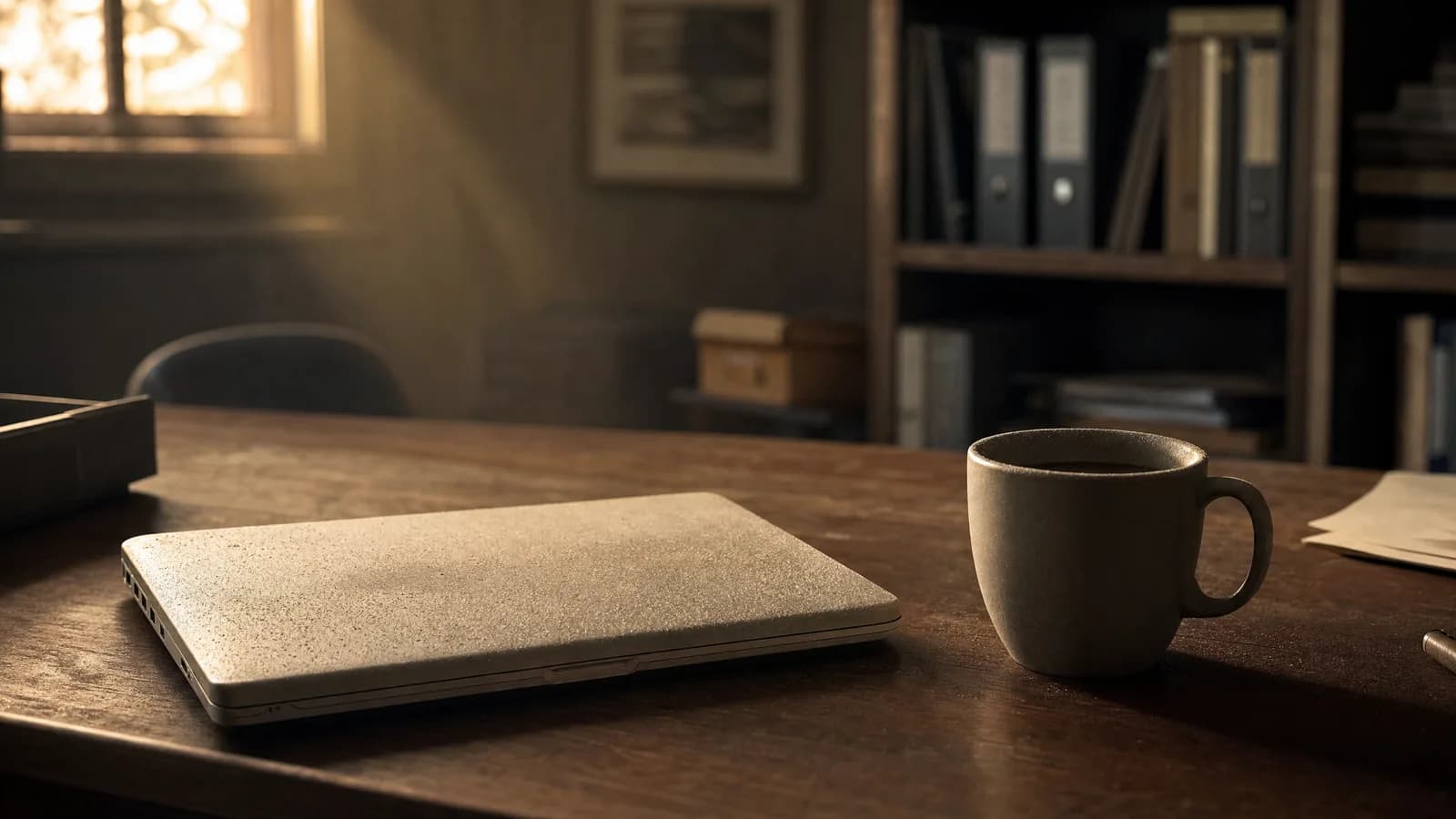 Computador portátil cerrado y una taza de café olvidada sobre un escritorio de madera, cubiertos por una capa de polvo, con luz de ventana al atardecer
