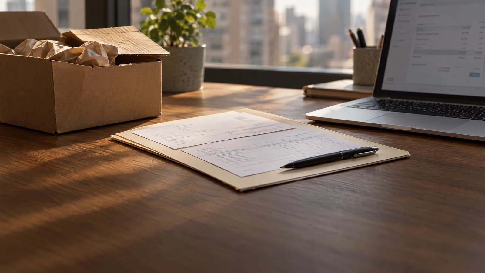 Caja de envío abierta, documentos comerciales y un computador sobre un escritorio de madera iluminado por una ventana.