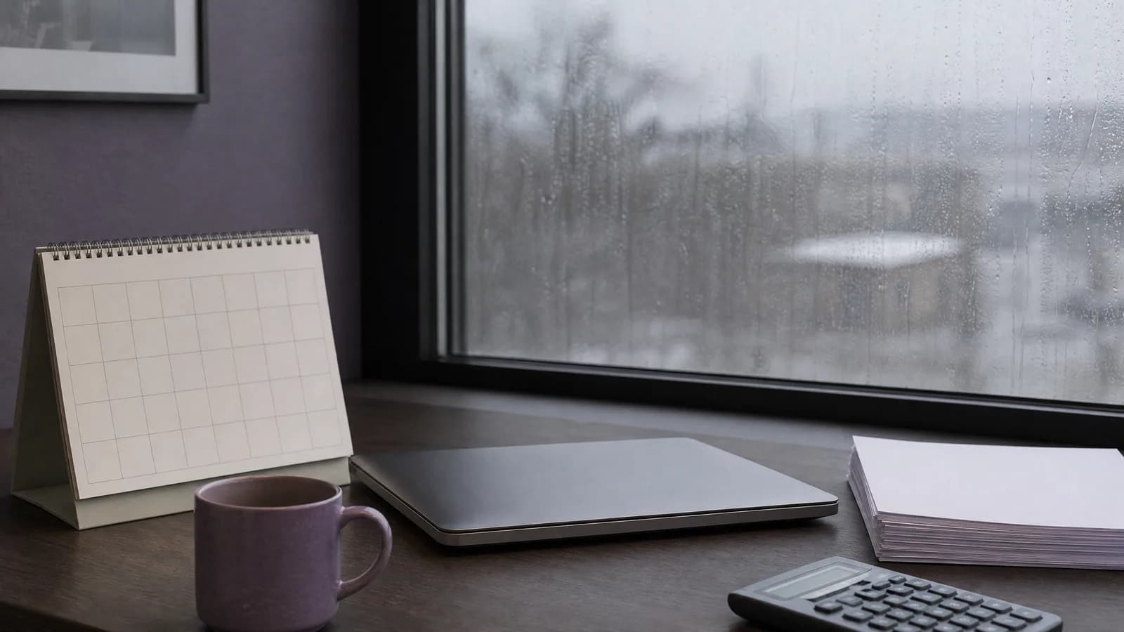 Imagen generada con IA: escritorio de una pyme junto a una ventana con lluvia, con un calendario de mesa, un notebook cerrado, una taza, papeles y una calculadora.