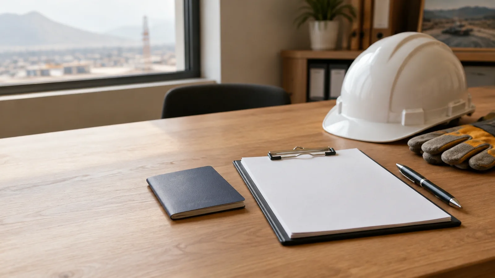 Imagen generada con IA: escritorio de madera en la oficina de una constructora con un pasaporte cerrado, un contrato en blanco sobre un portapapeles, un lápiz, un casco blanco y guantes de trabajo, con la ciudad de fondo, sin personas ni texto legible.