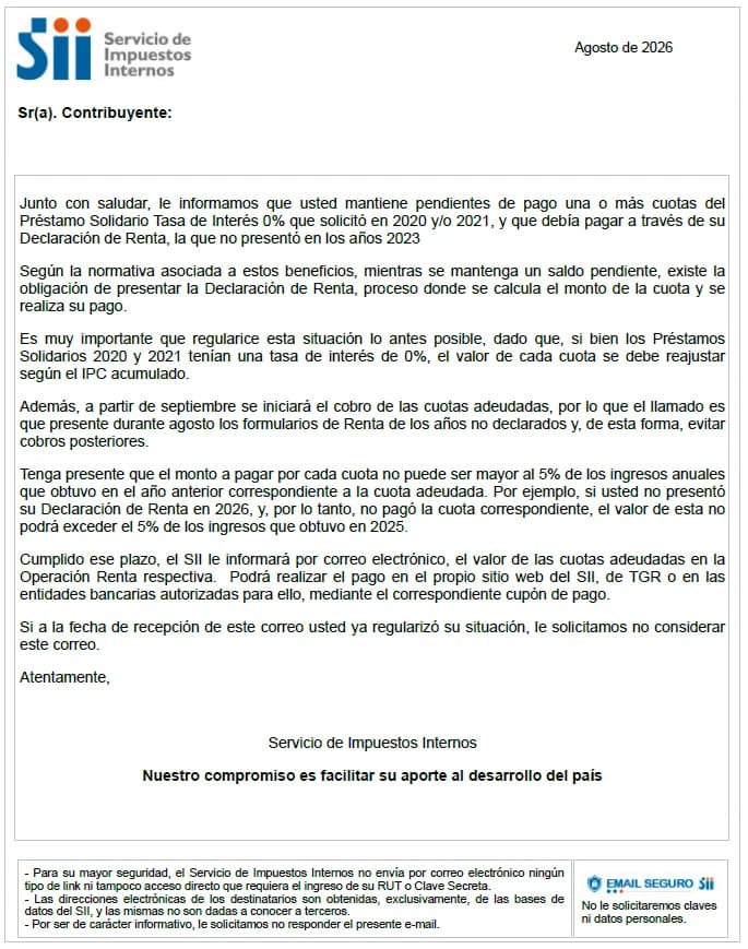 Correo del Servicio de Impuestos Internos de agosto de 2026 informando cuotas impagas del Préstamo Solidario, dirigido a Sr(a). Contribuyente