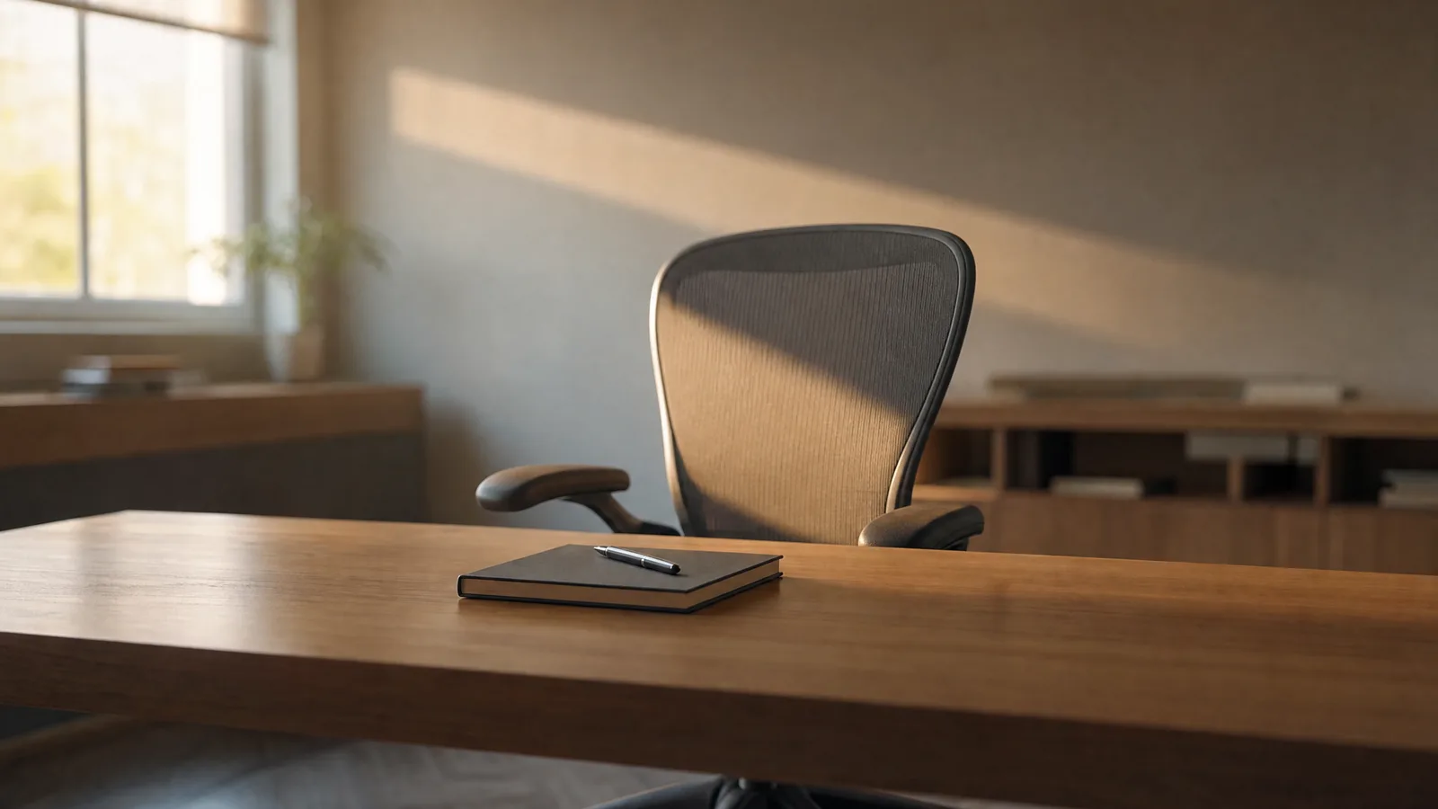 Silla de escritorio vacía frente a un escritorio de madera despejado, con una libreta cerrada y un lápiz encima, iluminados por la luz de una ventana