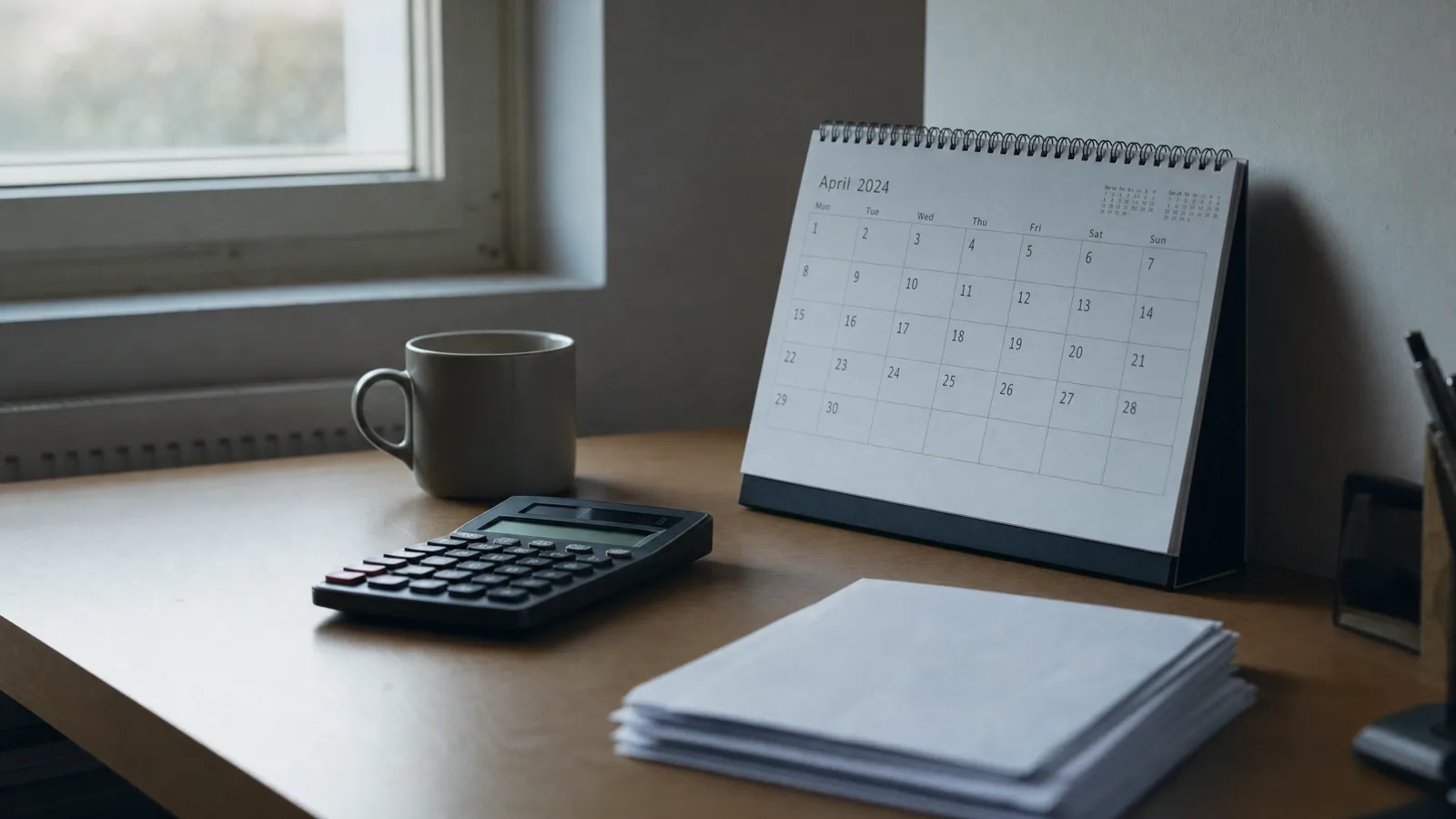 Escritorio de madera junto a una ventana, con un calendario de escritorio de espiral abierto en abril, una taza, una calculadora negra y una pila de hojas en blanco.