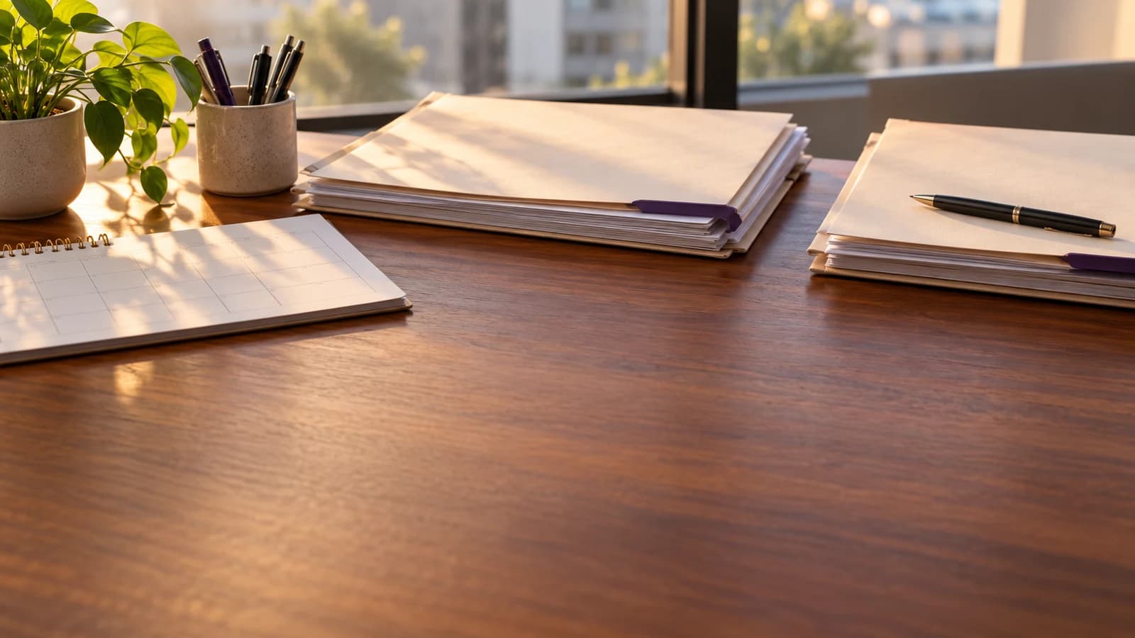 Agenda de escritorio y carpetas ordenadas con pestañas moradas sobre una mesa de madera iluminada por una ventana.