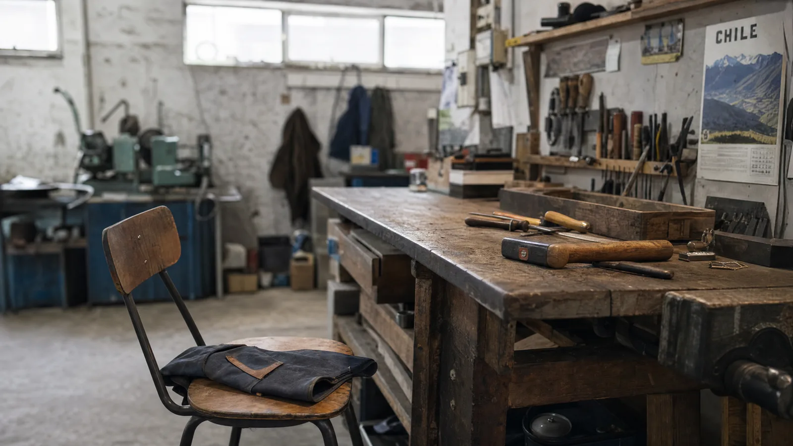 Taller de carpintería vacío: una silla de madera con un delantal de trabajo doblado sobre el asiento, junto a un mesón con formones, un martillo y un tablero de herramientas colgadas en la pared