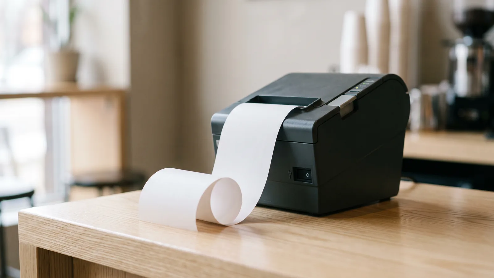 Impresora de boletas encendida sobre el mesón de madera de un local, con el rollo de papel saliendo completamente en blanco
