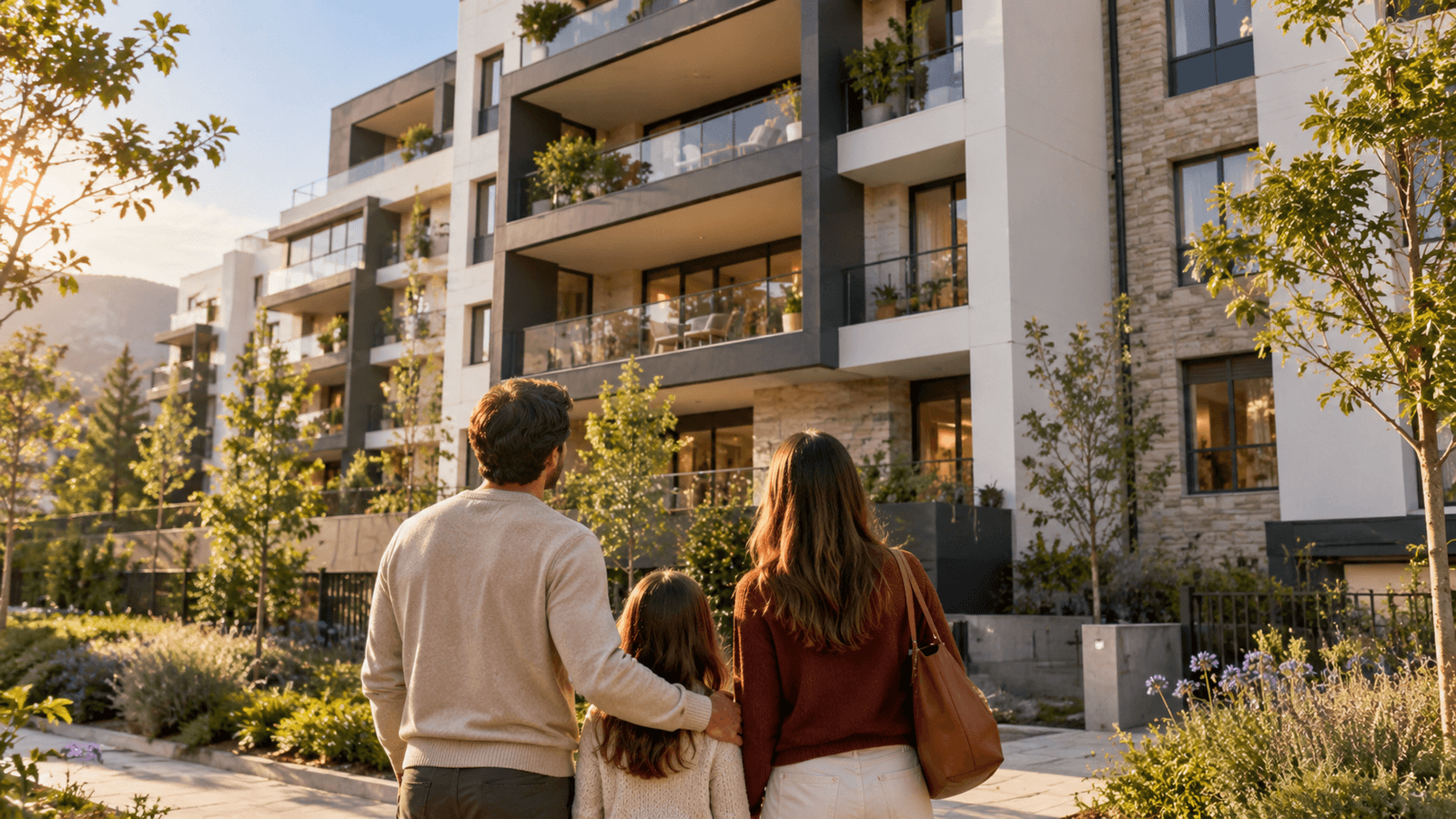 Familia de espaldas frente a un edificio de viviendas nuevas, con jardines y luz de atardecer.