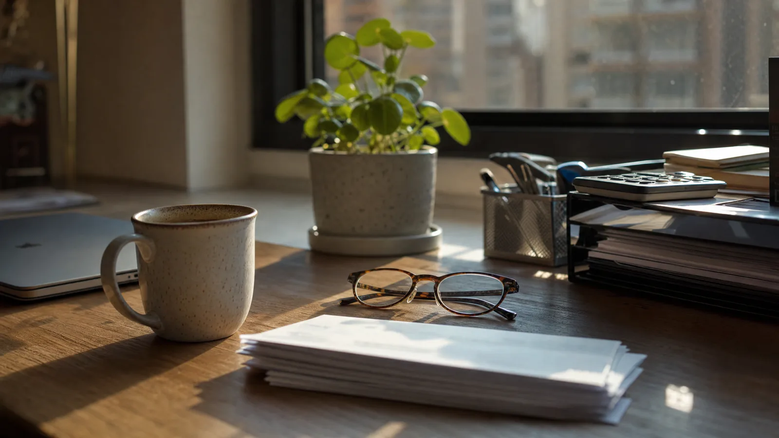 Escritorio de oficina con una taza de café, anteojos de lectura, un alto de papeles boca abajo y una planta junto a la ventana, con luz de mañana