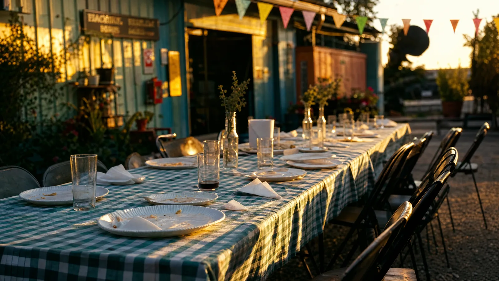 Mesa larga con mantel a cuadros verdes y blancos montada en el patio de un galpón al atardecer, con platos usados, vasos, servilletas dobladas y botellas con ramas; sillas plegables negras a un costado y guirnaldas de banderines de colores cruzando sobre la escena.