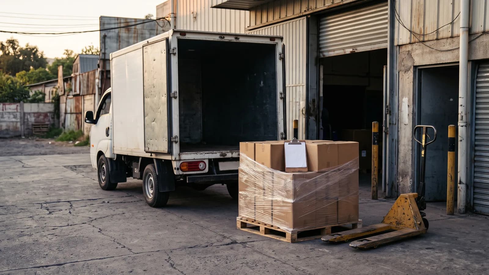 Imagen generada con IA: camioneta de reparto con las puertas traseras abiertas frente a una bodega, junto a un pallet de cajas embaladas y una transpaleta.