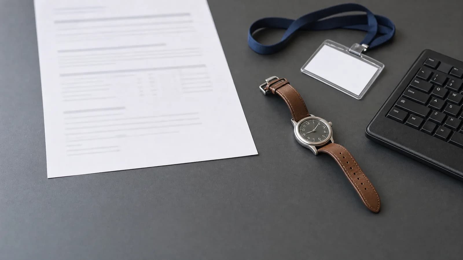 Escritorio de oficina gris oscuro visto desde arriba, con una hoja impresa desenfocada boca arriba, el borde de un teclado negro, un reloj de pulsera con correa de cuero café dejado sin abrochar junto al teclado y una credencial blanca en blanco colgada de un cordón azul marino.