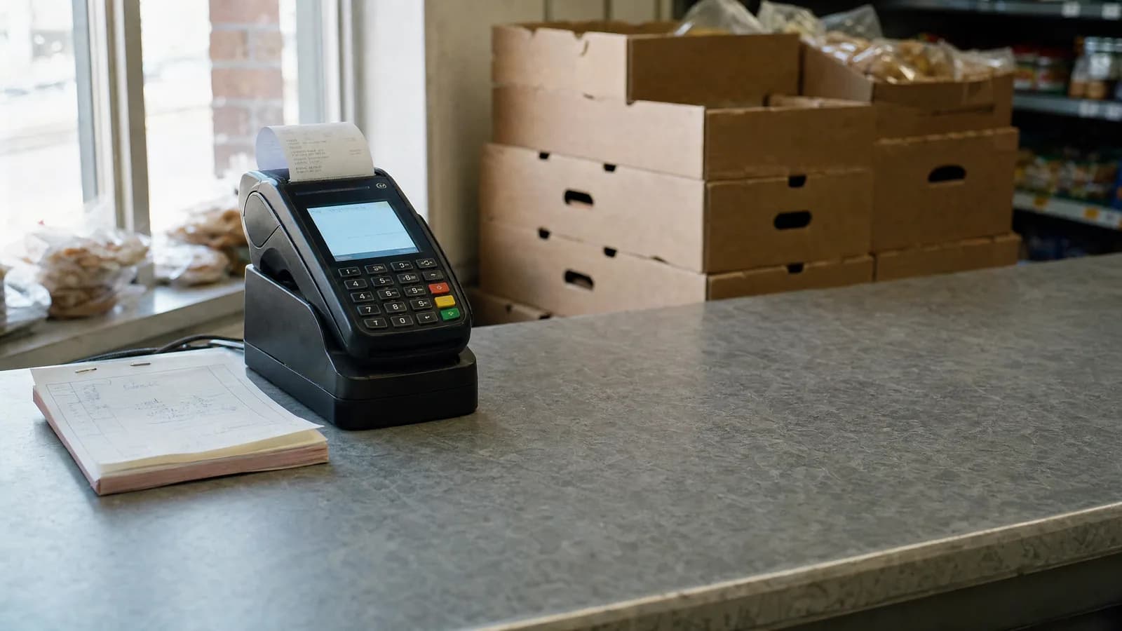 Máquina lectora de tarjetas negra sobre el mesón de un local pequeño, con la pantalla encendida y un rollo de papel asomando, junto a un talonario de boletas y una caja de cartón con productos sin marca al fondo.
