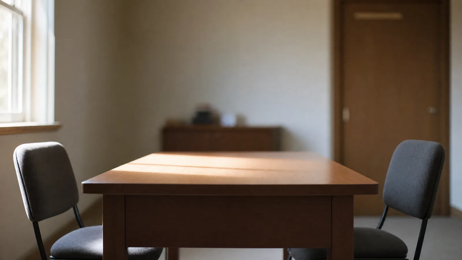 Sala de reuniones pequeña con dos sillas vacías enfrentadas a los lados de una mesa de madera despejada, con luz suave de ventana