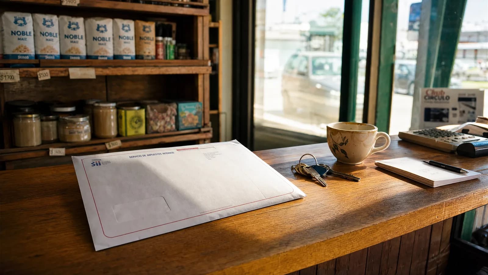 Sobre blanco de correo oficial, cerrado, apoyado sobre el mesón de madera de un almacén de barrio, junto a un llavero, una taza de café con flores y una libreta con un lápiz; al fondo, estanterías con bolsas de harina, frascos y latas, y la vereda vista por la ventana