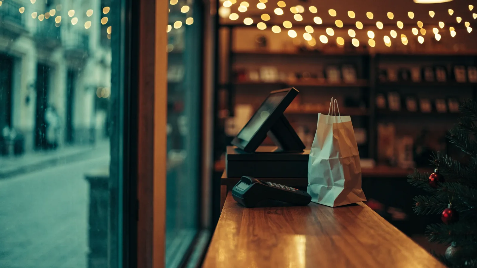 Imagen generada con IA: mesón de madera de una tienda con un terminal de punto de venta, un lector de tarjetas y una bolsa de papel, con luces navideñas desenfocadas al fondo, sin personas ni texto legible.