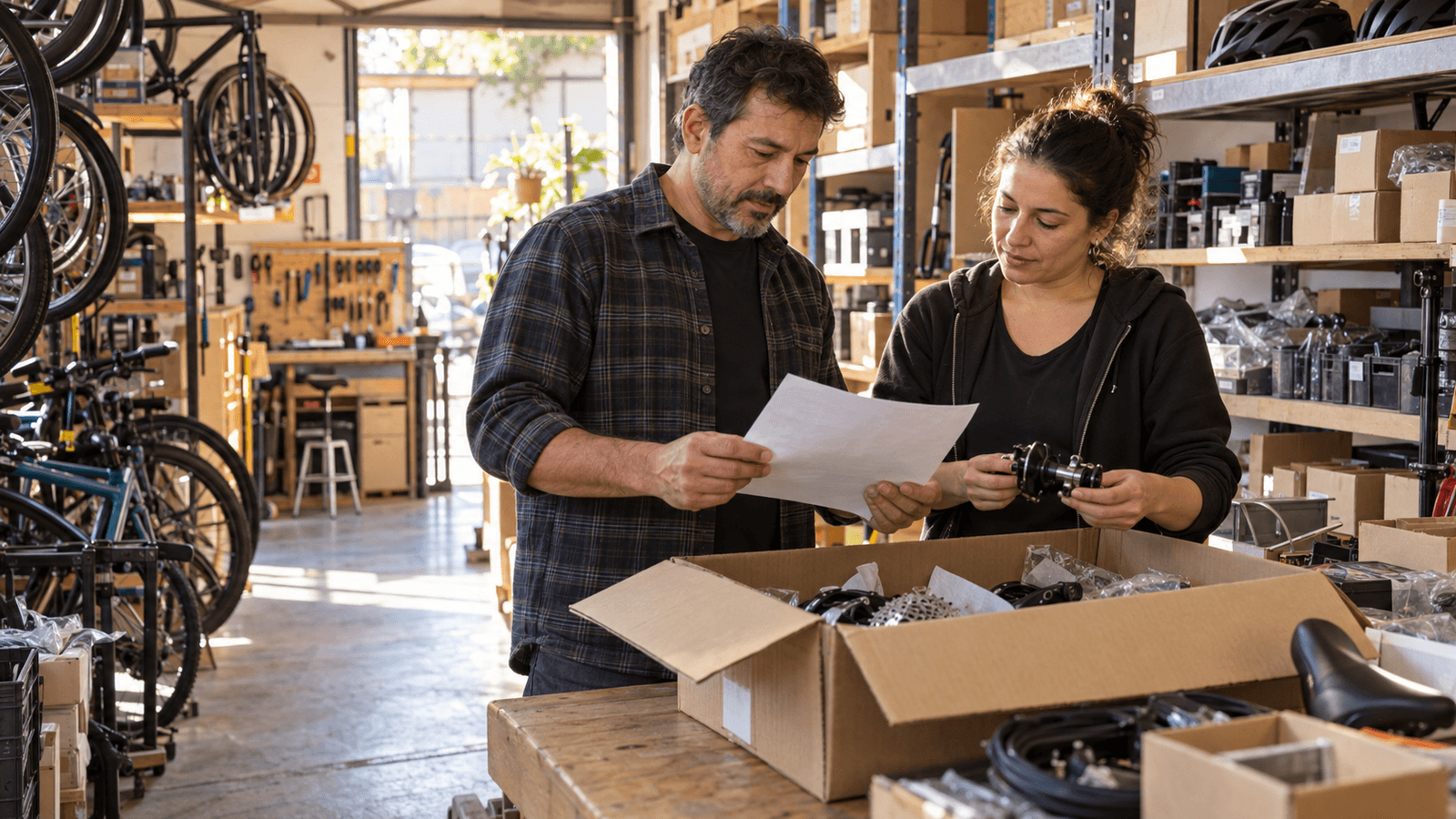 Dos personas revisan documentos y repuestos junto a una caja abierta en un taller de bicicletas.