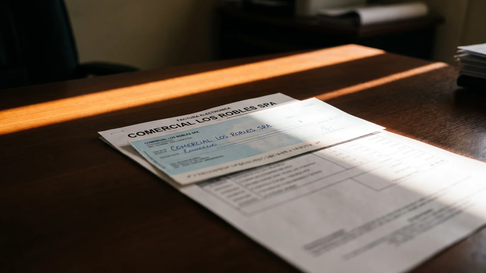 Factura impresa a nombre de una empresa sobre un escritorio de madera, con un cheque encima extendido al mismo nombre, cruzados por una franja de luz de ventana