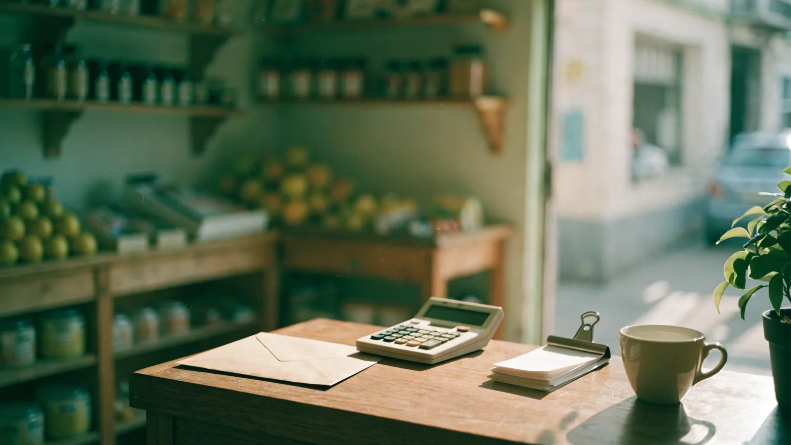 Imagen generada con IA: mesón de madera de un almacén de barrio con un sobre, una calculadora, unas boletas en blanco y una taza de café, con la puerta abierta a una calle soleada.