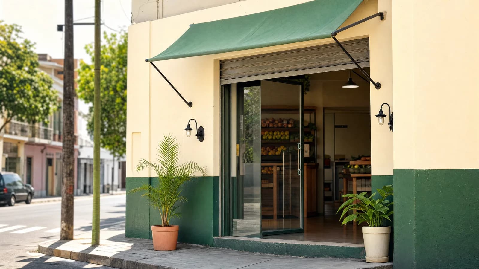 Fachada de un almacén de barrio abierto en una esquina, con toldo verde, plantas en la vereda y luz de mañana