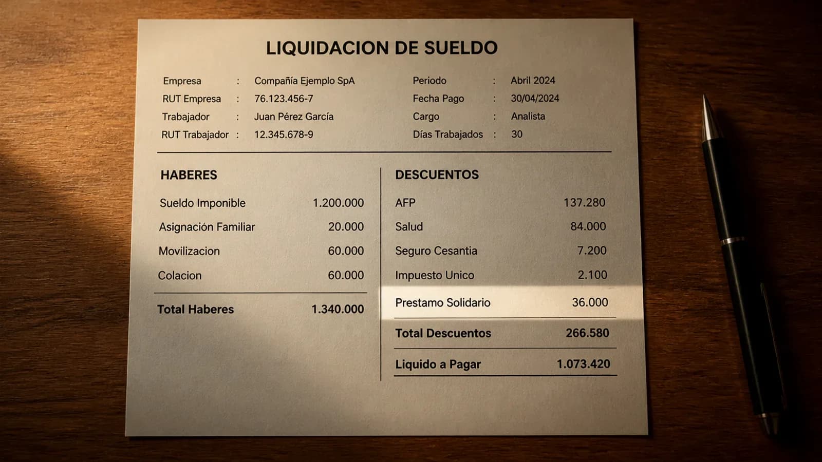 Liquidación de sueldo sobre un escritorio de madera, con la línea del descuento por Préstamo Solidario iluminada por una franja de luz