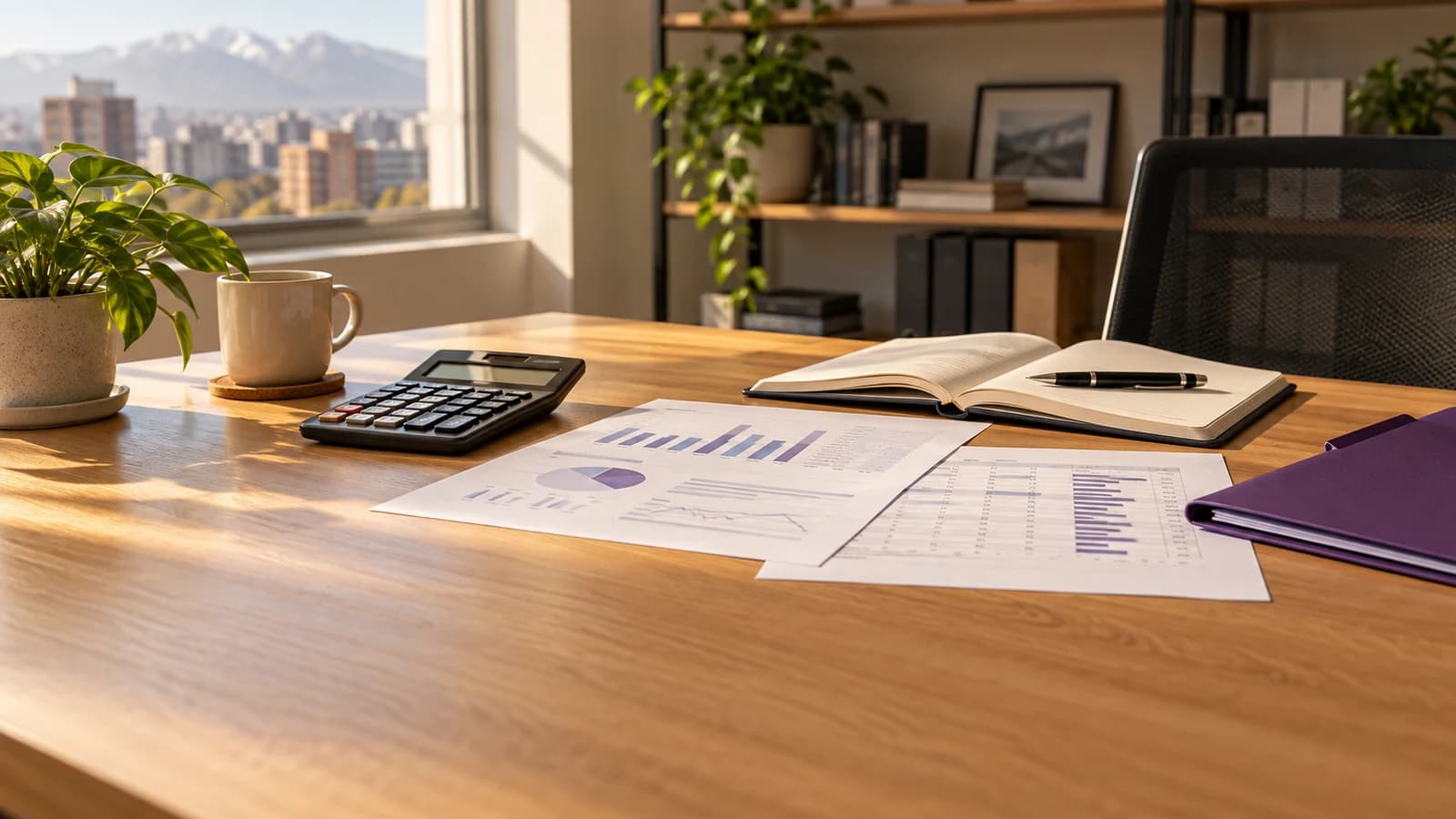 Calculadora, gráficos y cuaderno de planificación sobre un escritorio de madera con luz natural y una carpeta morada.