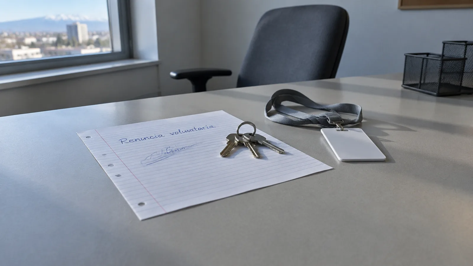 Escritorio gris de oficina junto a una ventana con vista a la ciudad y la cordillera nevada al fondo; sobre la mesa una hoja de cuaderno con la frase «Renuncia voluntaria» escrita a mano en lápiz pasta azul y una firma debajo, un manojo de llaves encima del papel y una credencial blanca en blanco colgando de un cordón gris; detrás, una silla de oficina vacía y corrida hacia atrás.