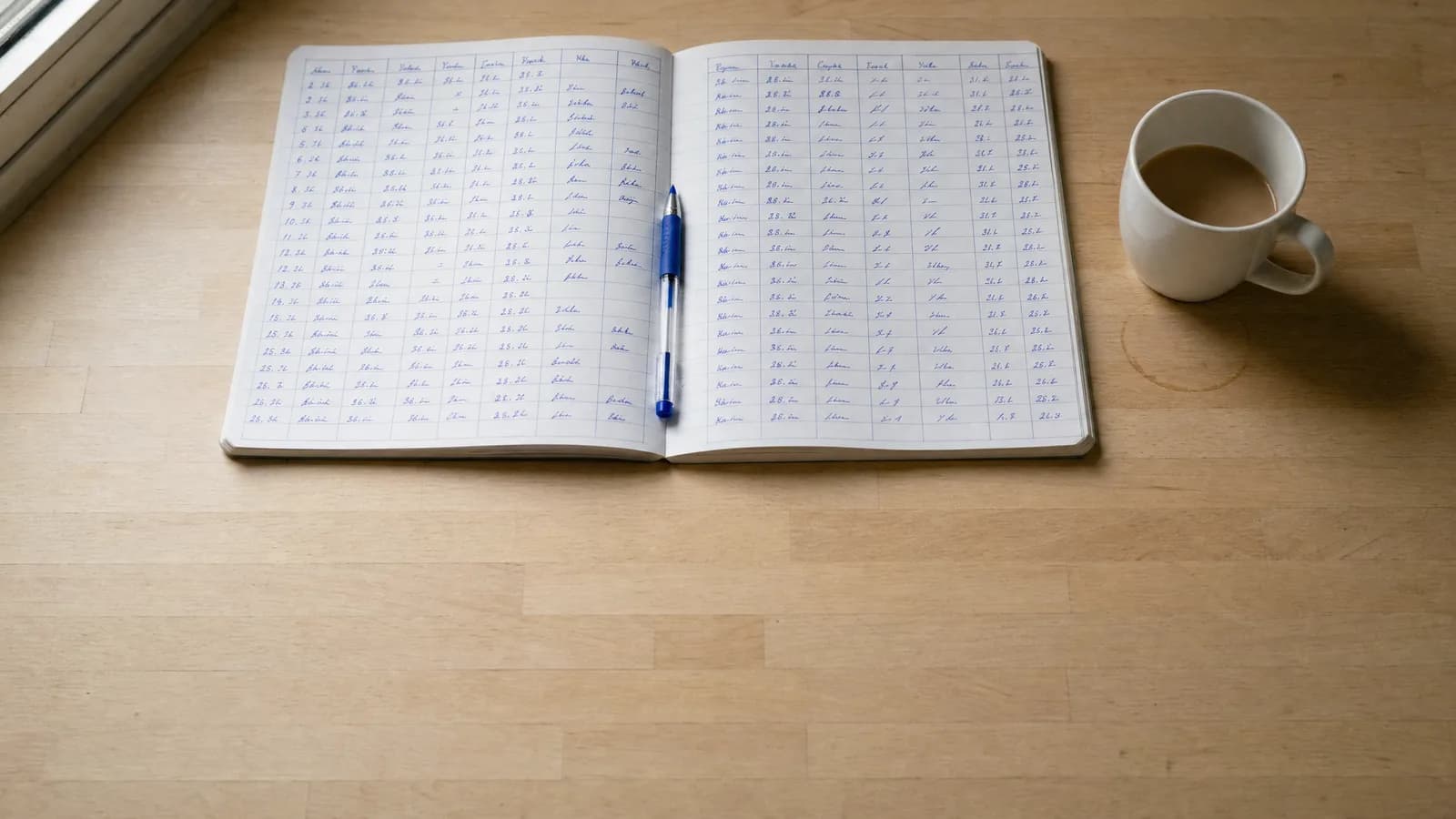 Cuaderno de tapa blanda abierto sobre un mesón de madera clara, con una grilla de horarios dibujada a mano y rellenada con lápiz azul, un lápiz pasta apoyado en el lomo y una taza de café con leche a medio tomar al costado.