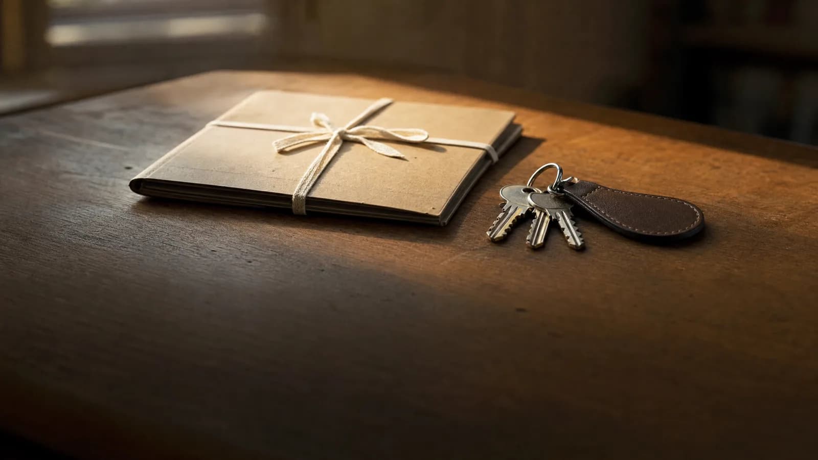 Llavero de cuero con tres llaves sobre un escritorio de madera, junto a una carpeta de cartón cerrada con una cinta, con luz de ventana al atardecer