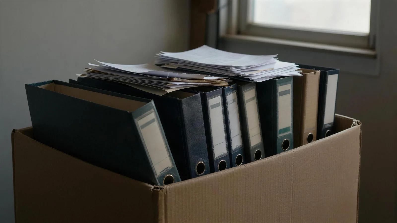 Caja de cartón con archivadores y papeles de una empresa guardada en una bodega