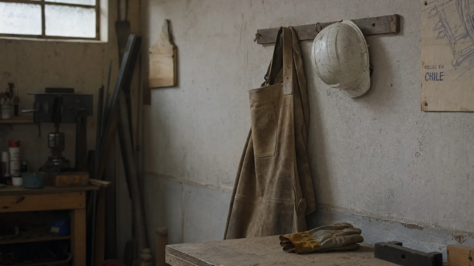 Un delantal de cuero y un casco blanco colgados de una percha de madera en el muro de un taller, con guantes de trabajo sobre el mesón y un cartel que dice «Hecho en Chile» al fondo.