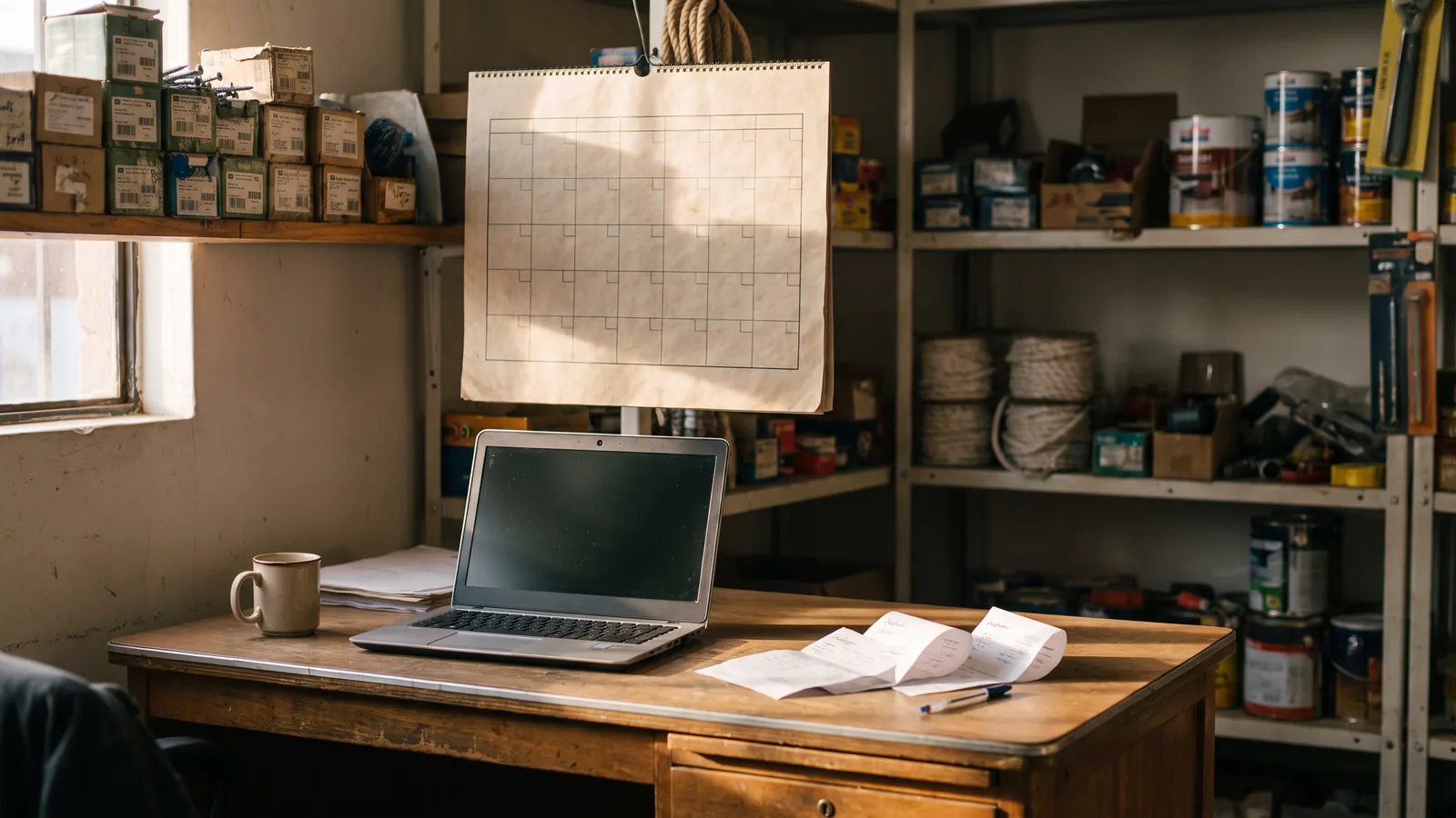 Imagen generada con IA: escritorio en la trastienda de una ferretería de barrio, con un calendario de pared en blanco, un notebook abierto, una taza y papeles, a la luz de la tarde.