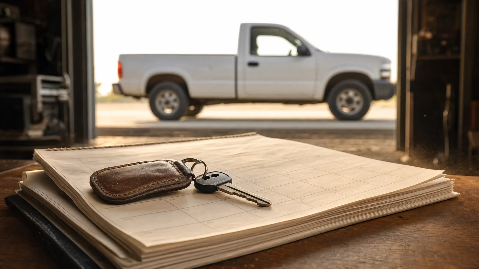Llave de camioneta con llavero de cuero sobre un calendario de escritorio, con una camioneta blanca desenfocada en el portón del taller