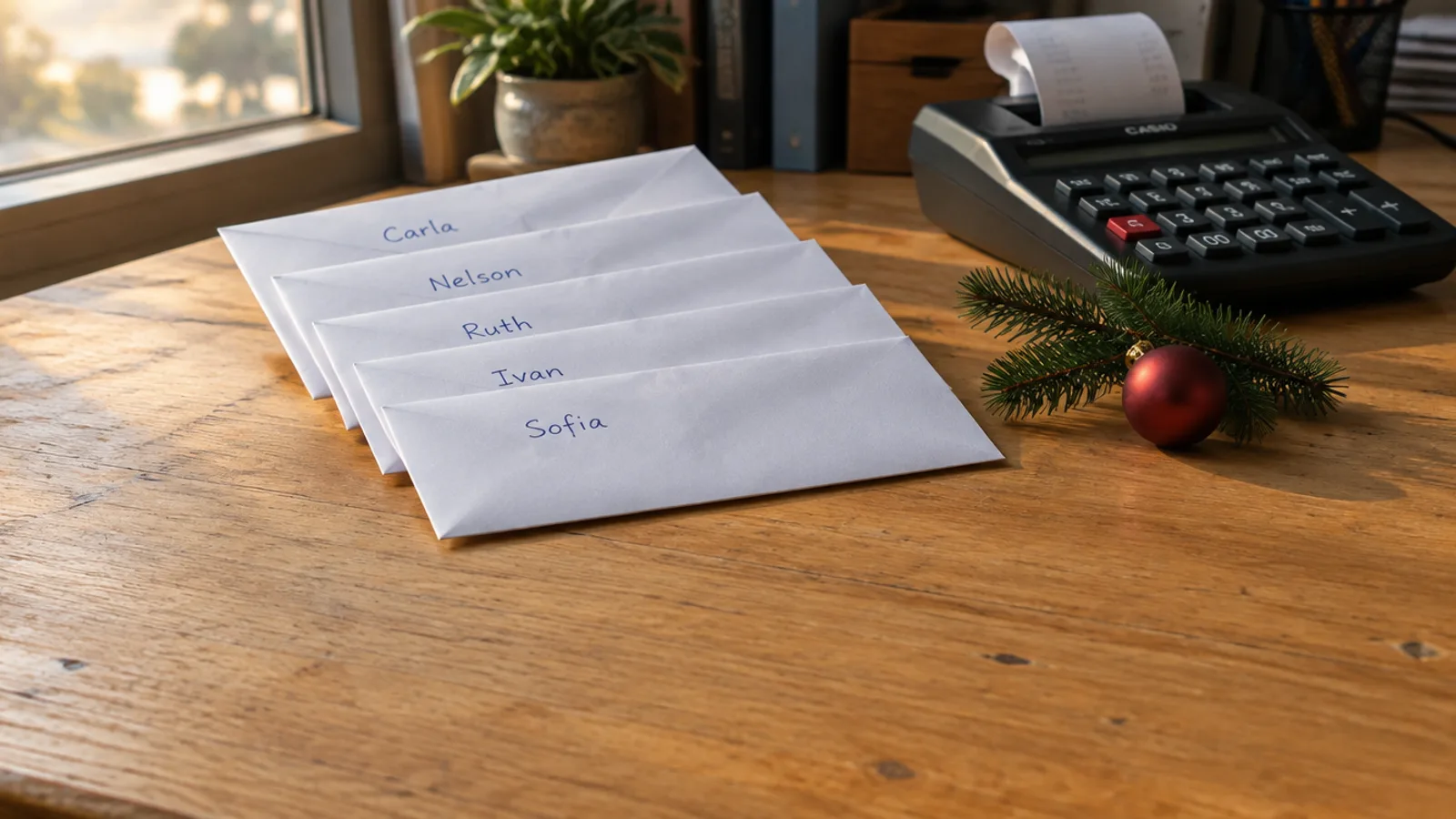 Cinco sobres blancos de papel abiertos en abanico sobre un escritorio de madera clara junto a una ventana, cada uno con un nombre escrito a mano con lápiz pasta azul —Carla, Nelson, Ruth, Ivan, Sofia—; al fondo una calculadora de escritorio negra con rollo de papel y, al costado, una rama de pino verde con una esfera navideña roja mate apoyada en la madera.