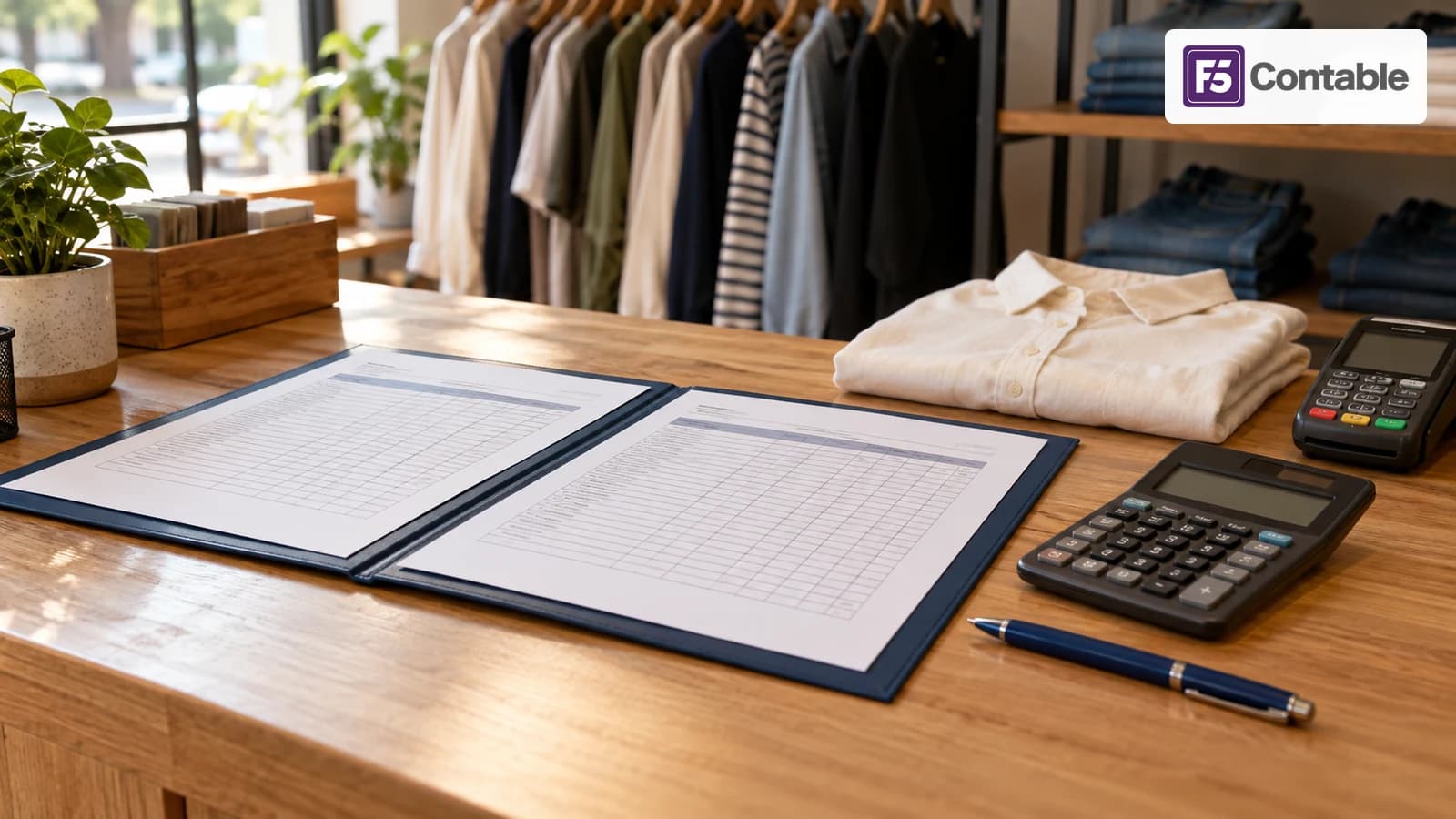 Revisión de ventas y comisiones en el mostrador de una tienda de ropa, con prendas y registro de operaciones.