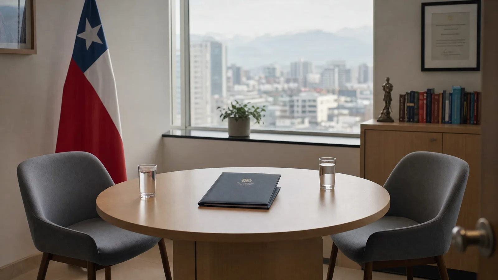 Mesa redonda de madera con dos sillones grises enfrentados, una carpeta azul cerrada y dos vasos de agua encima, una bandera de Chile en el rincón y una ventana con vista a edificios y cerros.