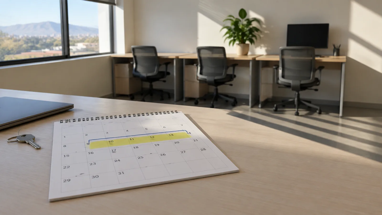 Oficina pequeña y vacía en verano, con tres sillas de escritorio desocupadas y un monitor apagado al fondo, y luz fuerte entrando por una ventana con vista a los cerros; en primer plano, sobre un escritorio de madera clara, un calendario de espiral abierto con una corrida de días hábiles marcada con destacador amarillo y un corchete dibujado a mano con lápiz pasta azul, junto a un manojo de llaves y un computador portátil cerrado.