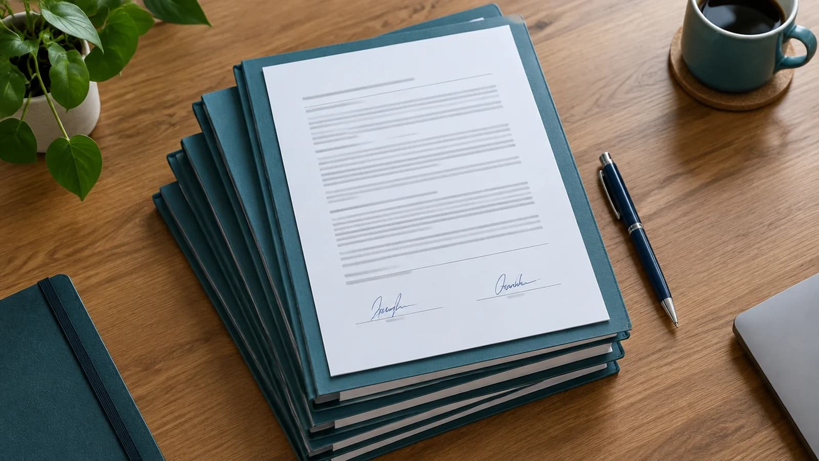 Imagen generada con IA: escritorio de madera con una pila de carpetas teal, un documento firmado encima y un bolígrafo, sin personas ni texto legible.