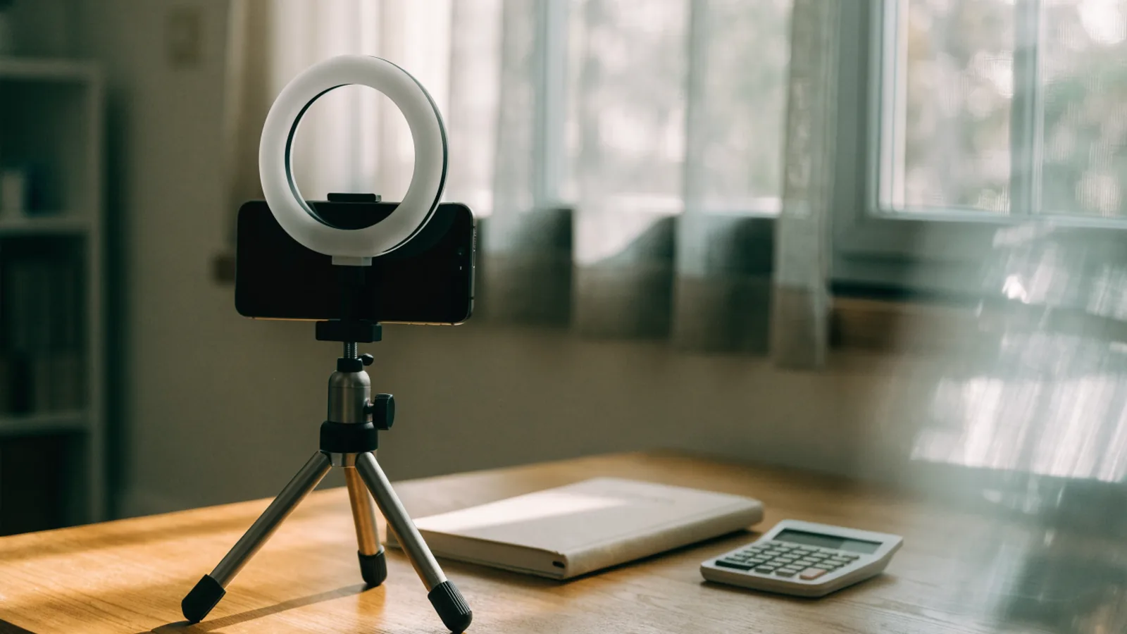 Imagen generada con IA: celular en un trípode con aro de luz sobre un escritorio de madera, junto a una libreta y una calculadora, sin personas ni texto legible.