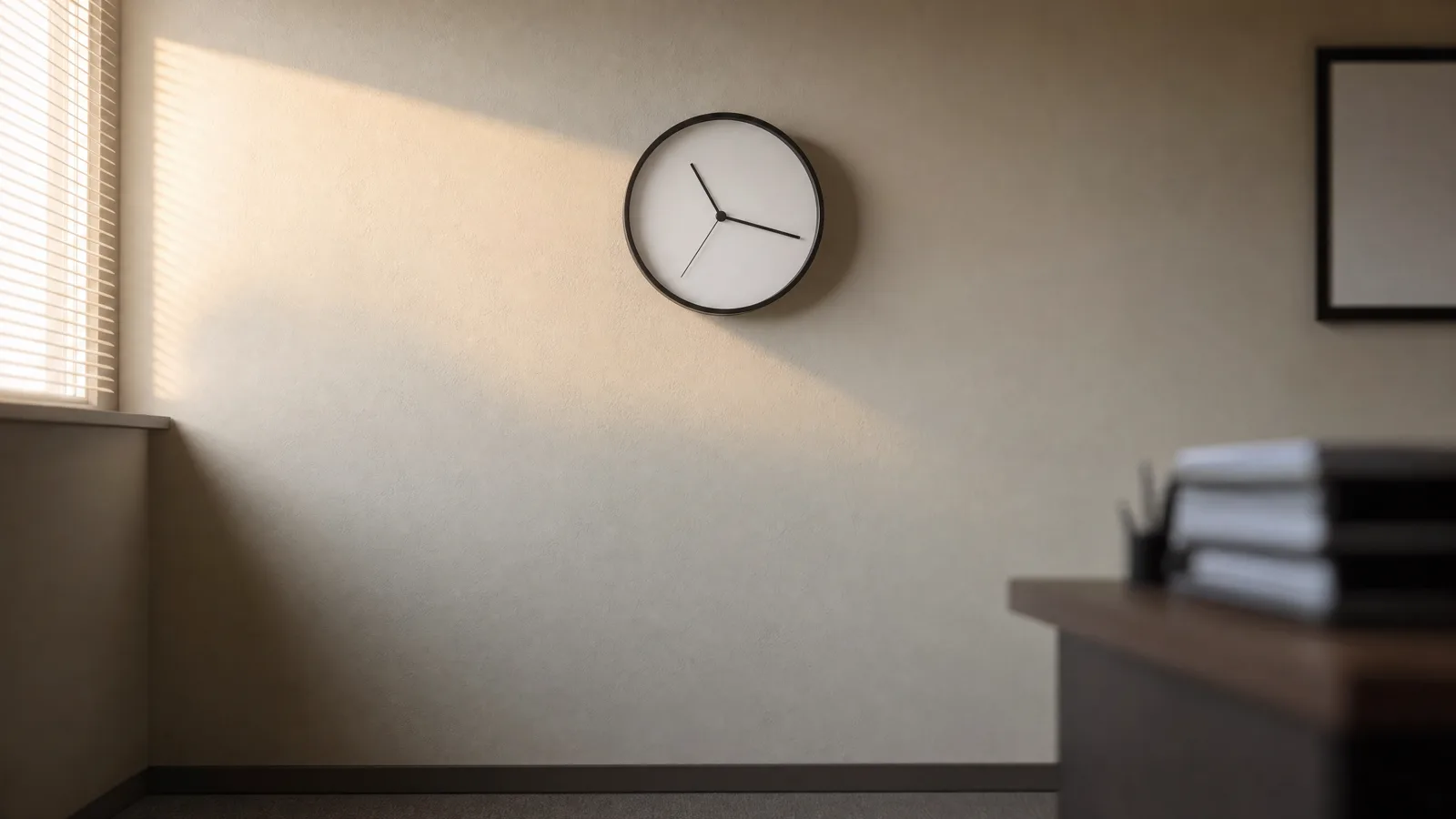Reloj de pared analógico de esfera lisa colgado en la pared de una oficina pequeña, con luz de ventana entrando en diagonal
