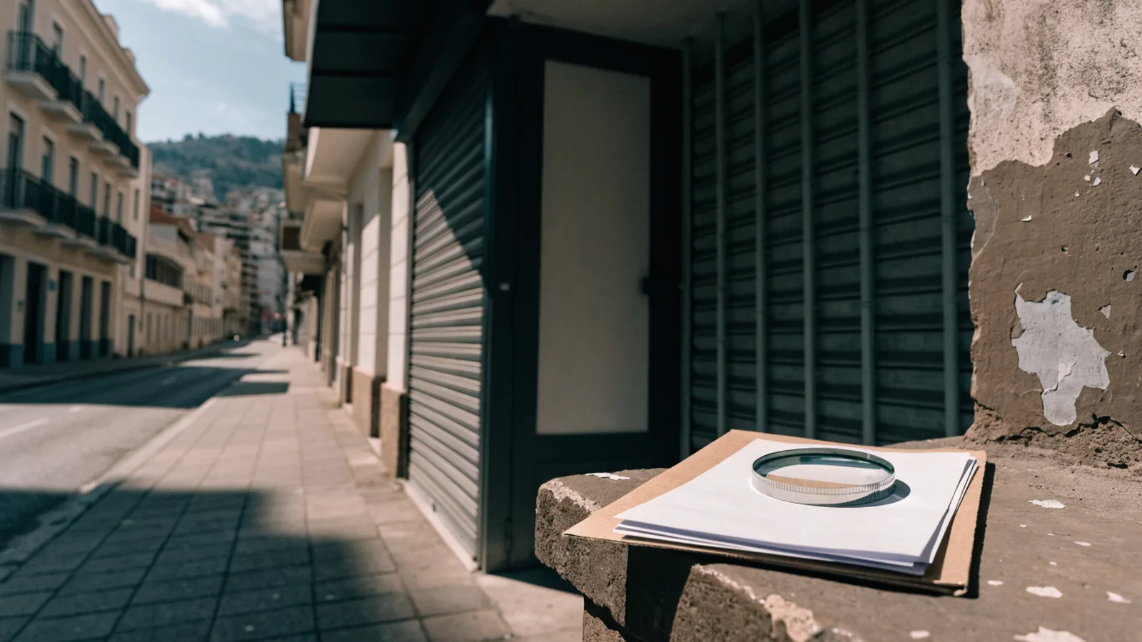 Imagen generada con IA: local comercial vacío con cortinas metálicas cerradas y, en primer plano, una carpeta con papeles y una lupa sobre un muro, sin personas ni texto legible.