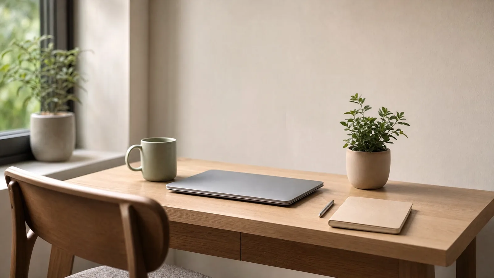Escritorio de madera clara junto a una ventana, con un notebook cerrado, una taza, un cuaderno con lapicera y una planta pequeña
