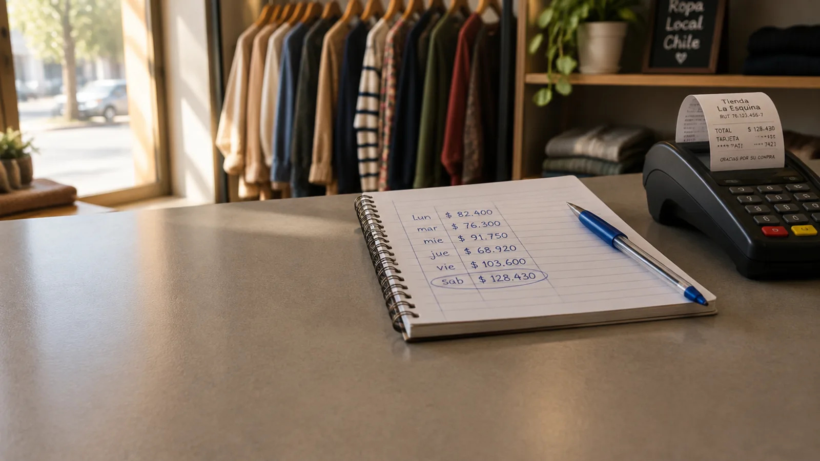 Mesón gris de una tienda de ropa junto a una ventana, con un cuaderno de espiral abierto en el que están anotados a mano con lápiz pasta azul los días de la semana —lun, mar, mié, jue, vie, sáb— y frente a cada uno un monto en pesos, con la última línea encerrada en un círculo; al lado un lápiz y una máquina de pago con un voucher saliendo, y al fondo desenfocado un perchero con ropa colgada.