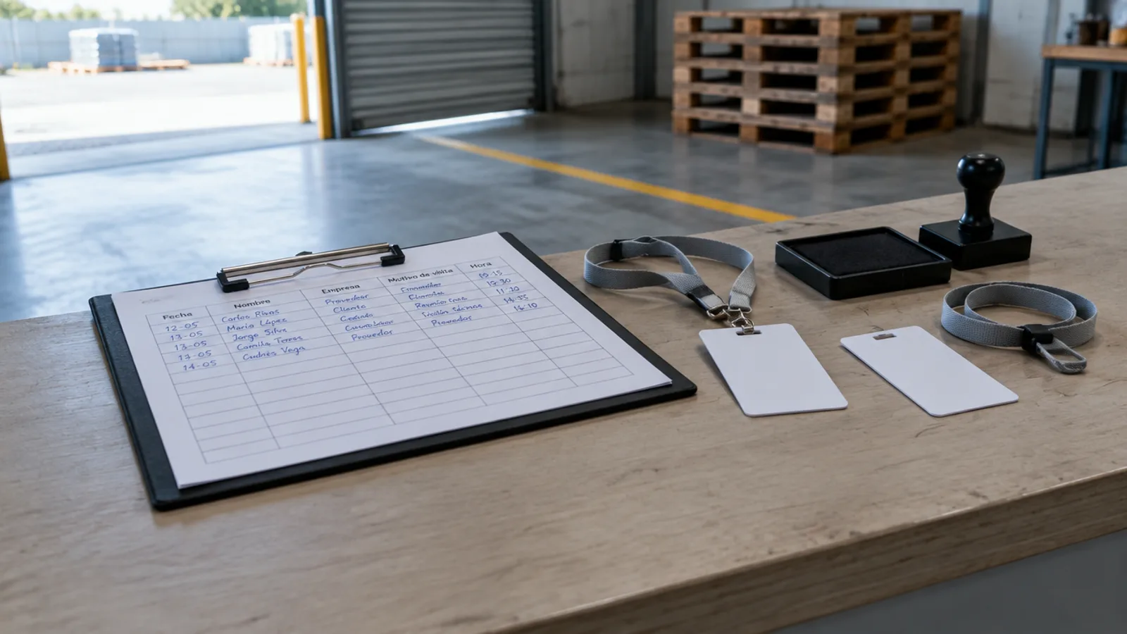 Mesón de madera clara en la recepción de una bodega, con un portapapeles negro que sostiene un registro de visitas impreso con columnas de fecha, nombre, empresa, motivo y hora, varias líneas escritas a mano con lápiz pasta azul y el resto en blanco; al lado dos credenciales blancas sin texto colgando de cordones grises, un timbre y un tampón; al fondo desenfocado un portón levadizo entreabierto, pallets apilados y una línea amarilla pintada en el piso de hormigón.