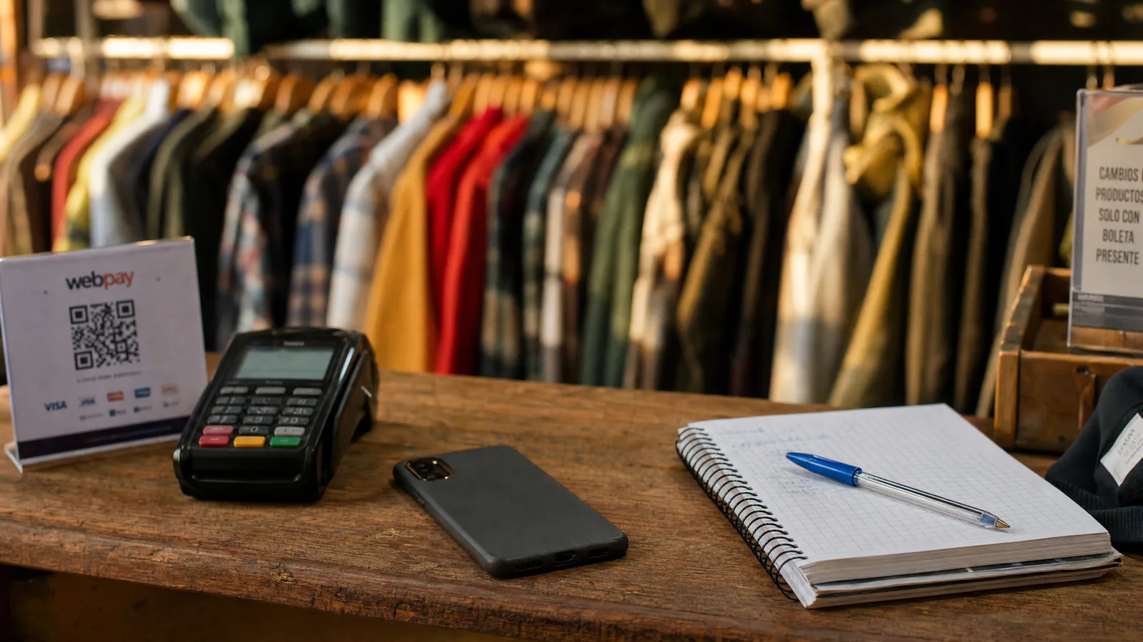 Mostrador de madera de una tienda de ropa con un letrero con código QR de Webpay, una máquina de pago negra, un teléfono apoyado boca abajo y un cuaderno cuadriculado abierto con anotaciones a mano y un lápiz pasta azul; al fondo, un perchero con ropa colgada.