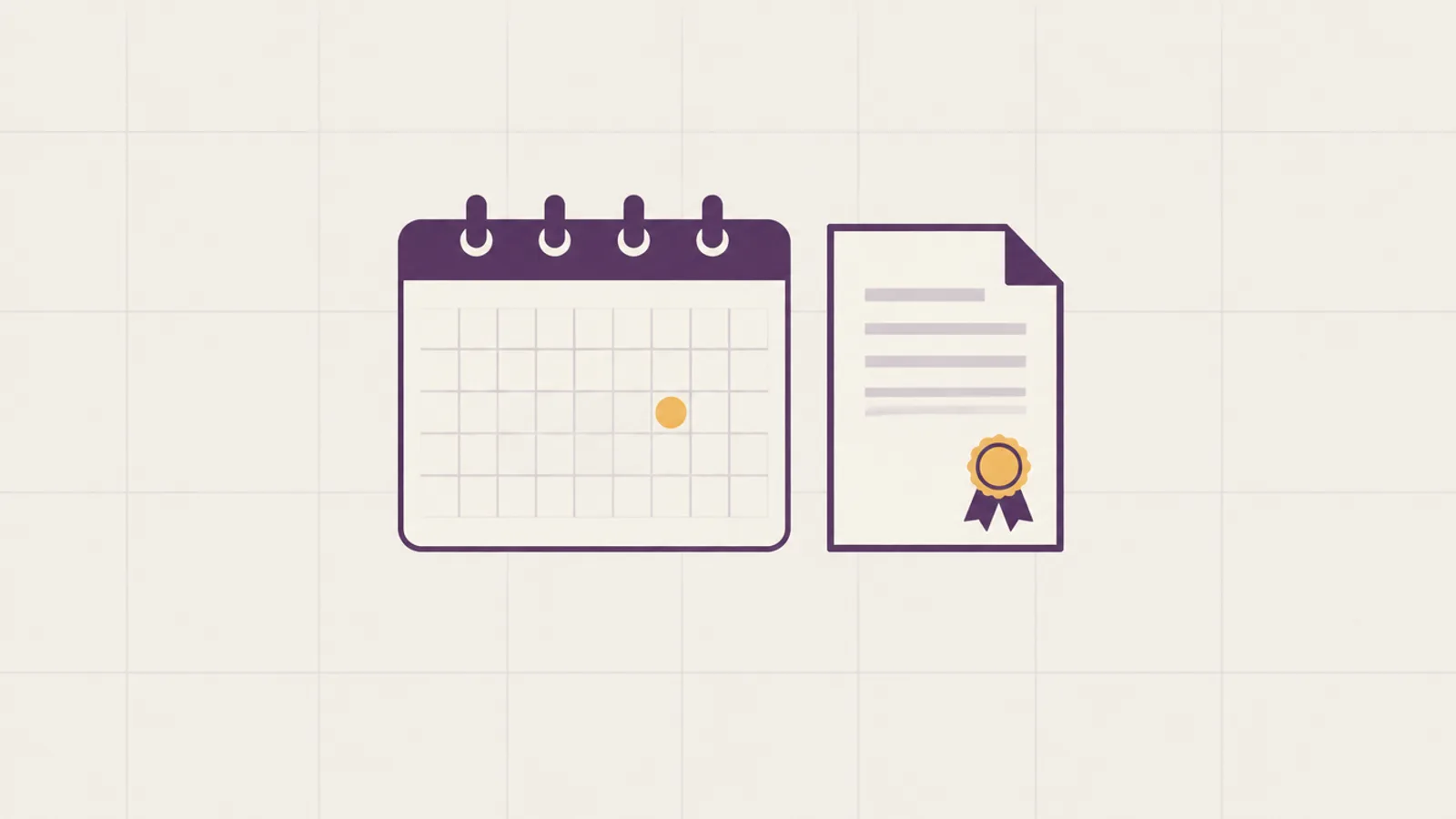 Ilustración de un calendario con un día marcado junto a un certificado con sello