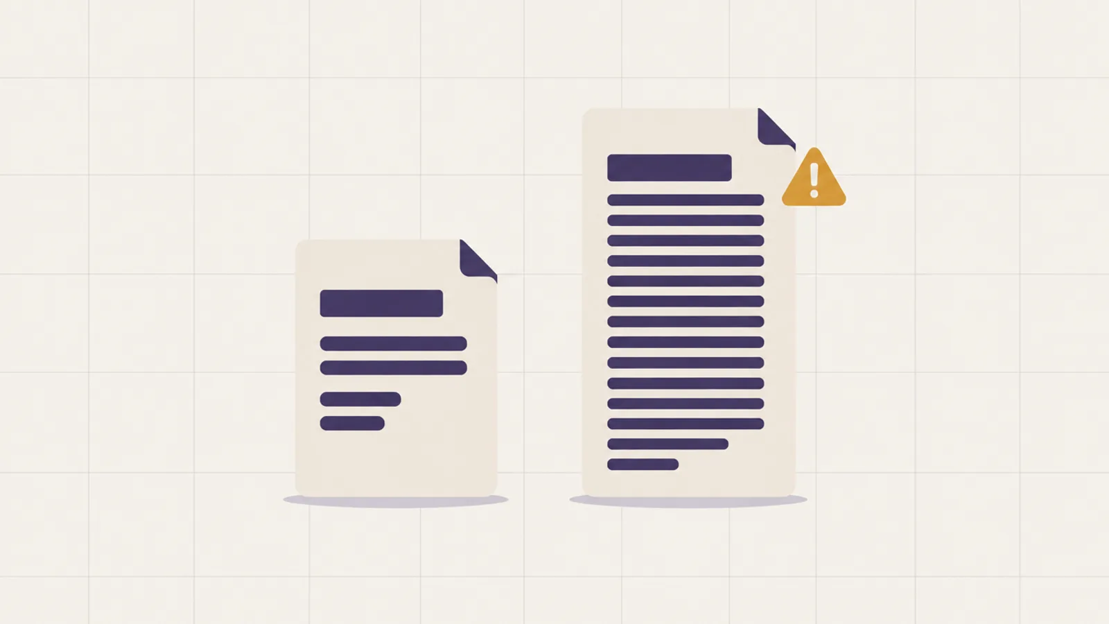 Ilustración de dos documentos lado a lado, uno breve y otro extenso, con una marca de advertencia