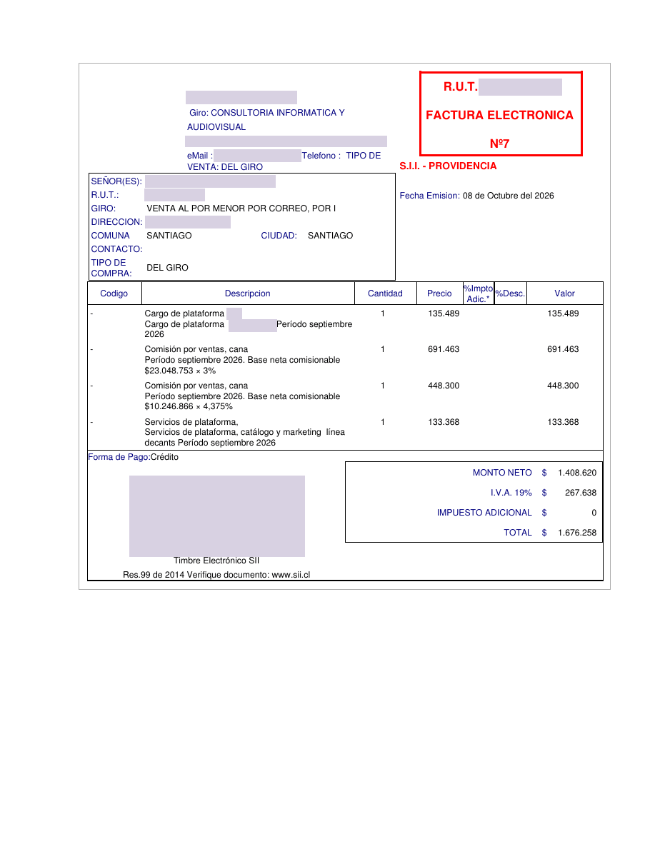 Representación visual de la factura del ejemplo, con datos identificatorios y timbre protegidos, neto de 1.408.620 pesos, IVA de 267.638 pesos y total de 1.676.258 pesos