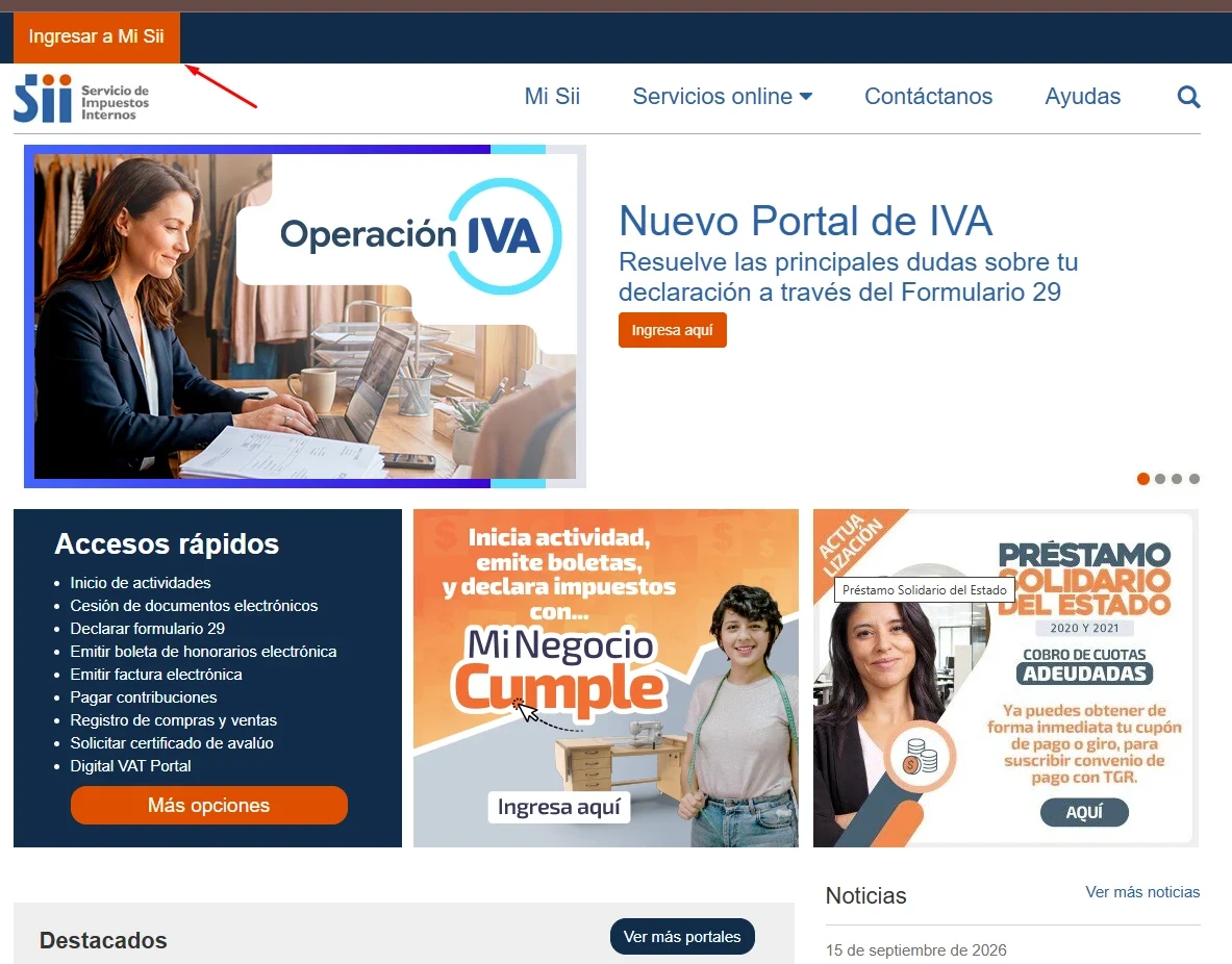 Portada de sii.cl con el botón «Ingresar a Mi Sii» destacado arriba a la izquierda