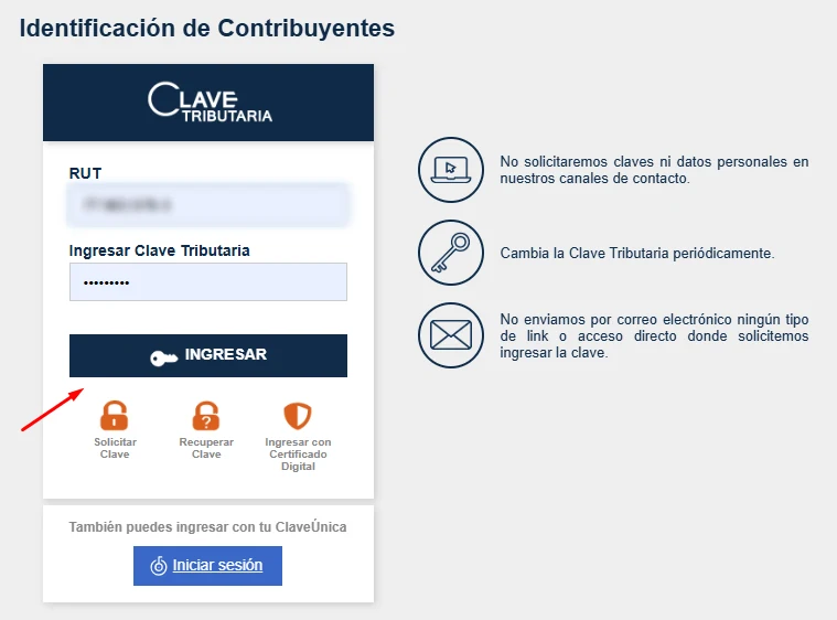 Pantalla de identificación de contribuyentes con los campos de RUT y clave tributaria